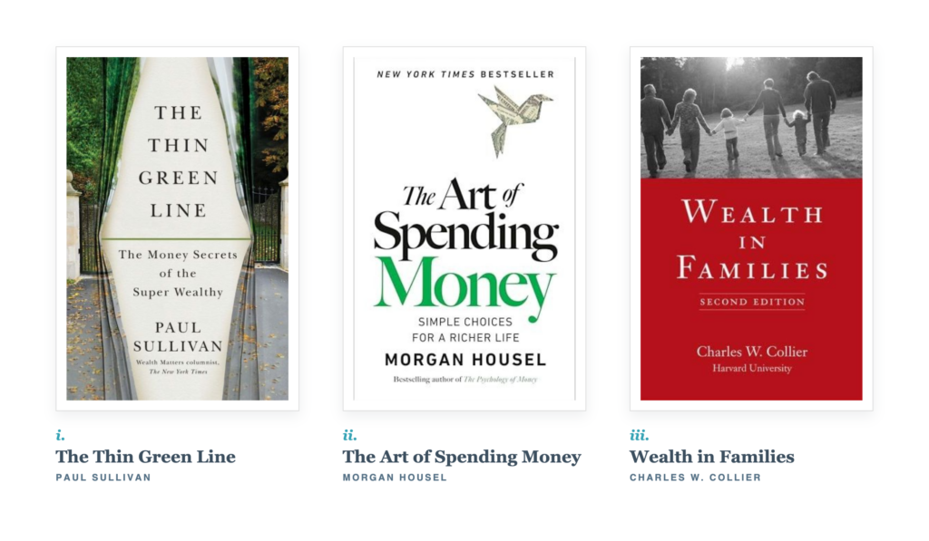 book cover images of the thing green line, the art of spending money, and wealth in families