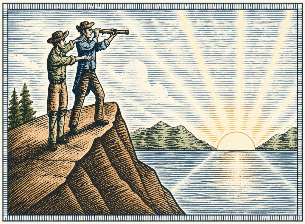 color sketch cartoon of two men looking at sunrise 