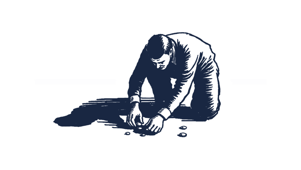 an illustrations of a man picking up coins off the ground
